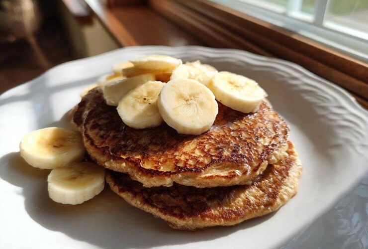 A stack of golden brown banana oatmeal pancakes topped with fresh banana slices, drizzled with syrup.