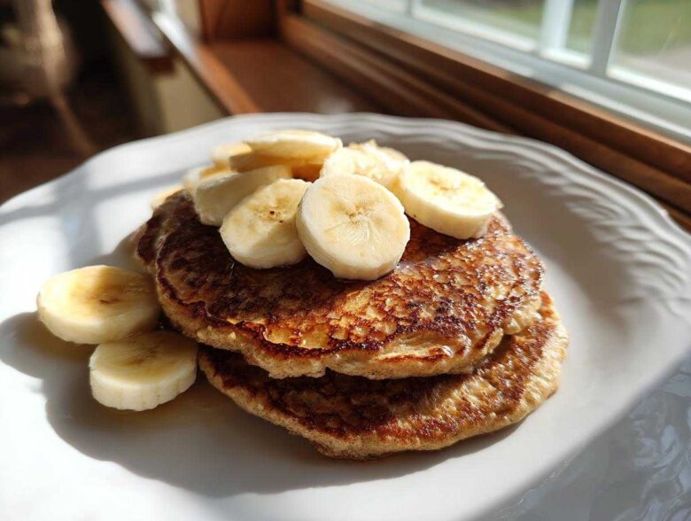 A stack of golden brown banana oatmeal pancakes topped with fresh banana slices, drizzled with syrup.