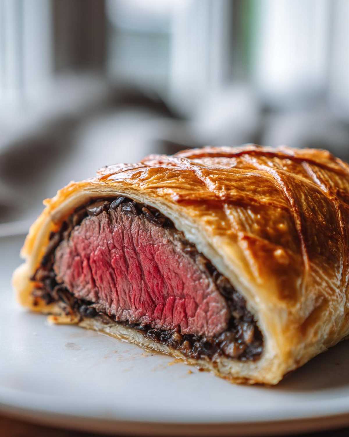 Close-up of a slice of beef wellington recipe showing medium-rare pink center and golden puff pastry.