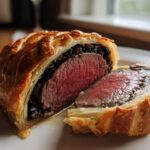 Cross-section of a perfectly cooked beef wellington recipe showing medium-rare pink center.