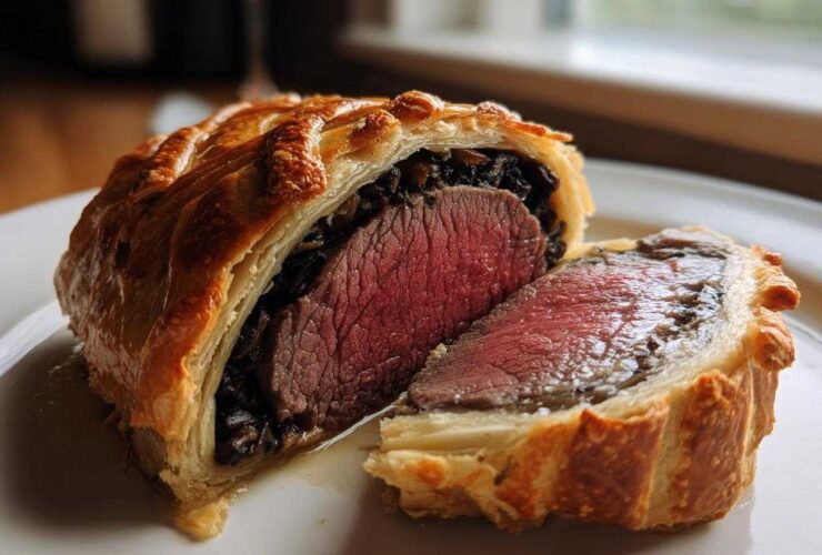 Cross-section of a perfectly cooked beef wellington recipe showing medium-rare pink center.