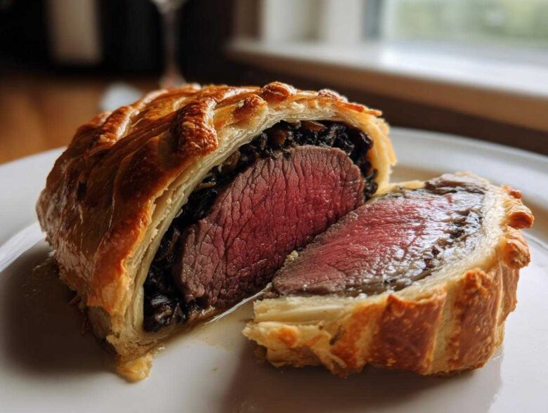 Cross-section of a perfectly cooked beef wellington recipe showing medium-rare pink center.