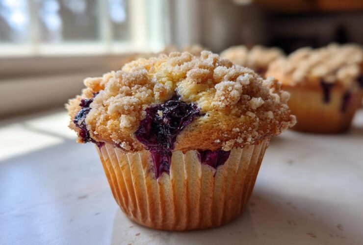 Close-up of a golden blueberry muffin featuring a thick, sugary crumb topping and bursting blueberries.