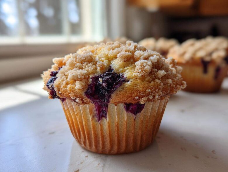 Close-up of a golden blueberry muffin featuring a thick, sugary crumb topping and bursting blueberries.