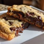 Close-up of a freshly baked chocolate chip cookie broken in half, showing melted, gooey chocolate chips inside.