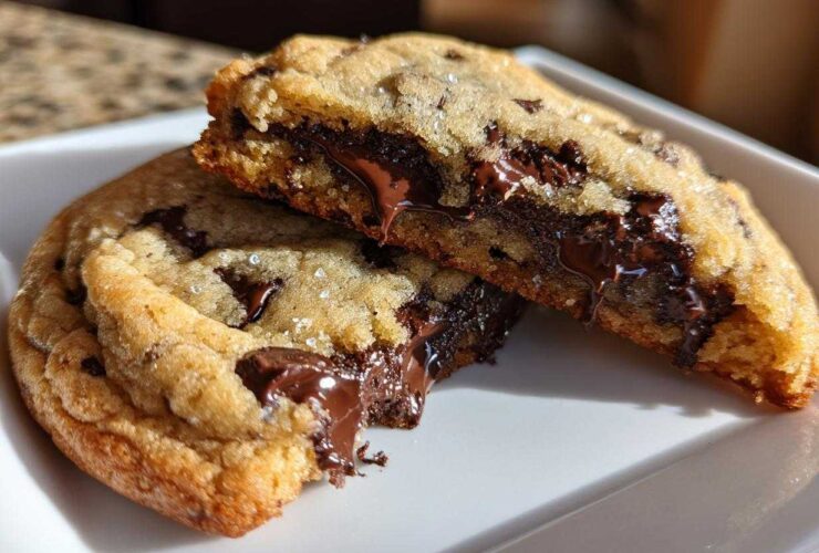 Close-up of a freshly baked chocolate chip cookie broken in half, showing melted, gooey chocolate chips inside.