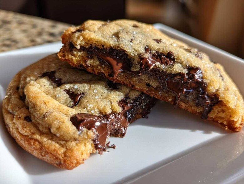 Close-up of a freshly baked chocolate chip cookie broken in half, showing melted, gooey chocolate chips inside.