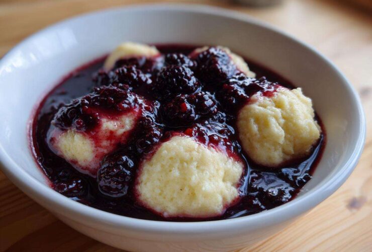 Close-up of fluffy dumplings served in a white bowl covered with rich, dark blackberry sauce.