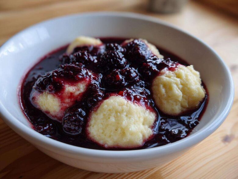 Close-up of fluffy dumplings served in a white bowl covered with rich, dark blackberry sauce.