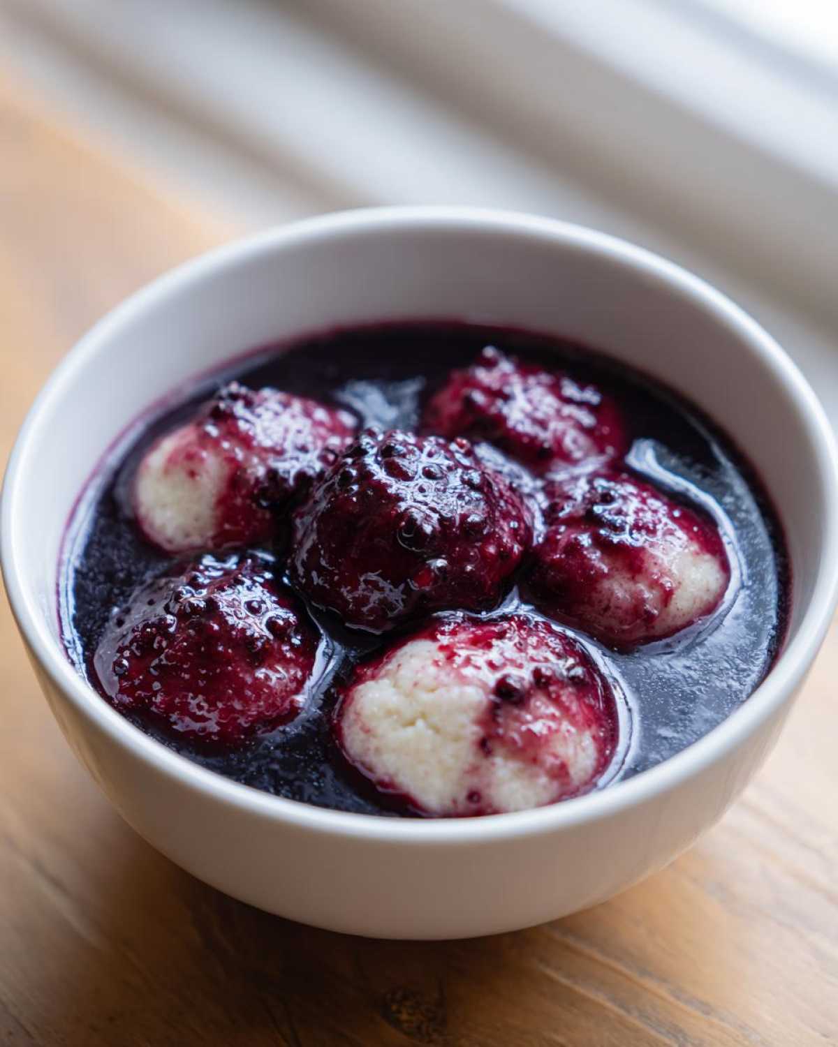 Close-up of a white bowl filled with warm Blackberry Dumplings swimming in a rich, dark purple blackberry sauce.