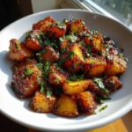 Close-up of crispy, seasoned Mexican potatoes garnished with fresh parsley in a white bowl.