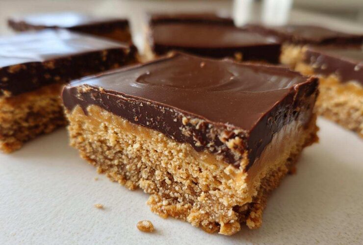 A close-up of a single square of Buckeye Graham Crackers bar showing the crumbly base, peanut butter layer, and smooth chocolate topping.