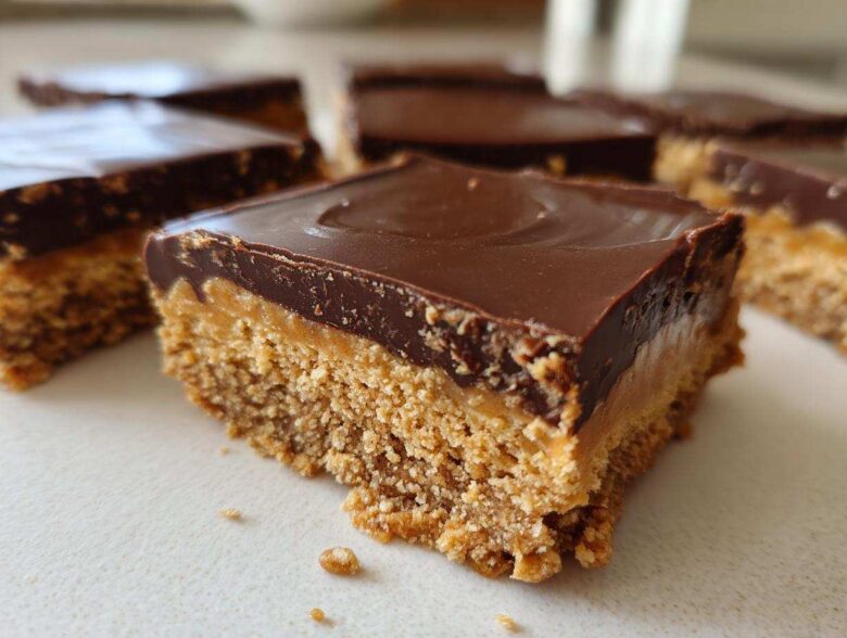 A close-up of a single square of Buckeye Graham Crackers bar showing the crumbly base, peanut butter layer, and smooth chocolate topping.