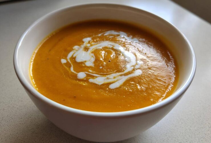 A close-up of a bowl of vibrant orange butternut squash soup, garnished with a swirl of cream.