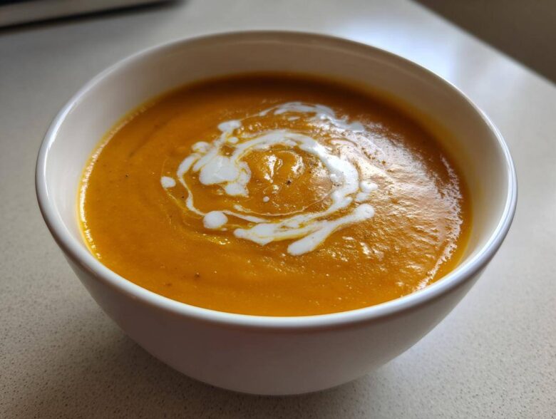 A close-up of a bowl of vibrant orange butternut squash soup, garnished with a swirl of cream.