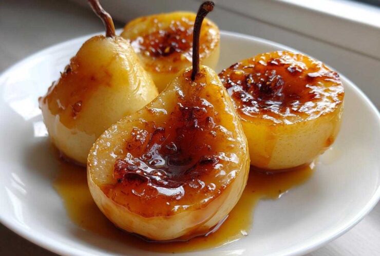 Four glistening baked pears drizzled with caramelized syrup, presented on a white plate.