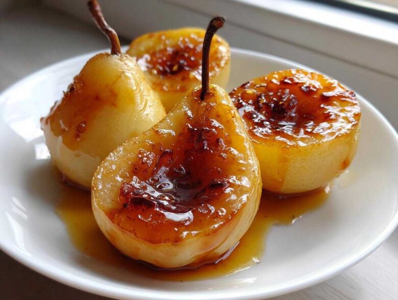 Four glistening baked pears drizzled with caramelized syrup, presented on a white plate.