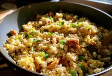 Close-up view of vibrant cauliflower fried rice with scrambled egg and green onions in a dark wok.