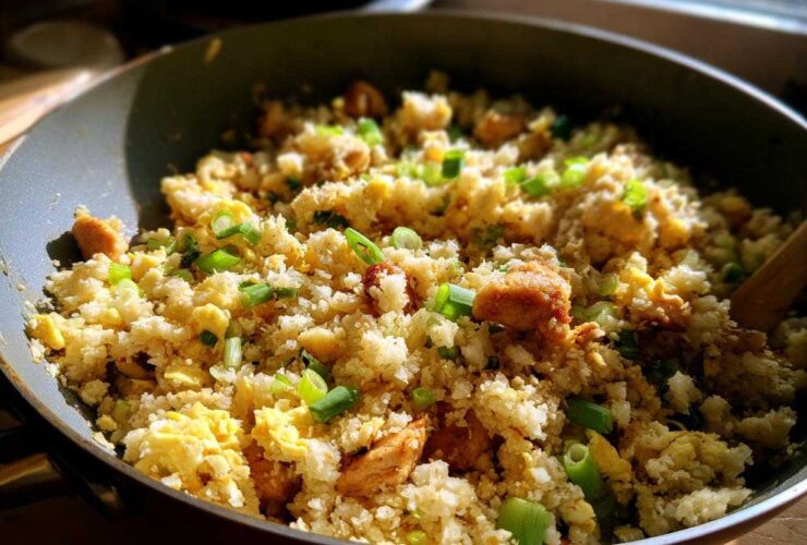 Close-up view of vibrant cauliflower fried rice with scrambled egg and green onions in a dark wok.