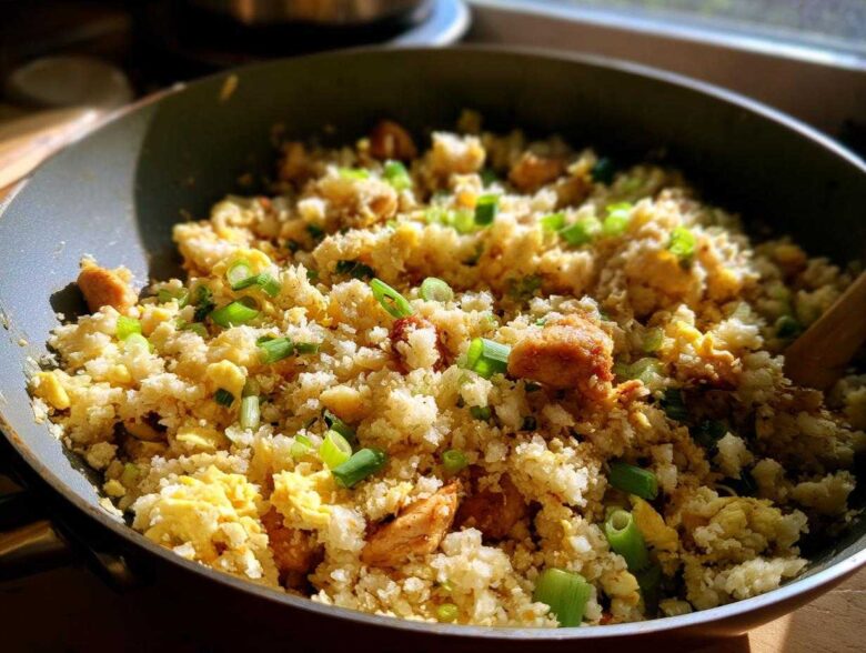 Close-up view of vibrant cauliflower fried rice with scrambled egg and green onions in a dark wok.