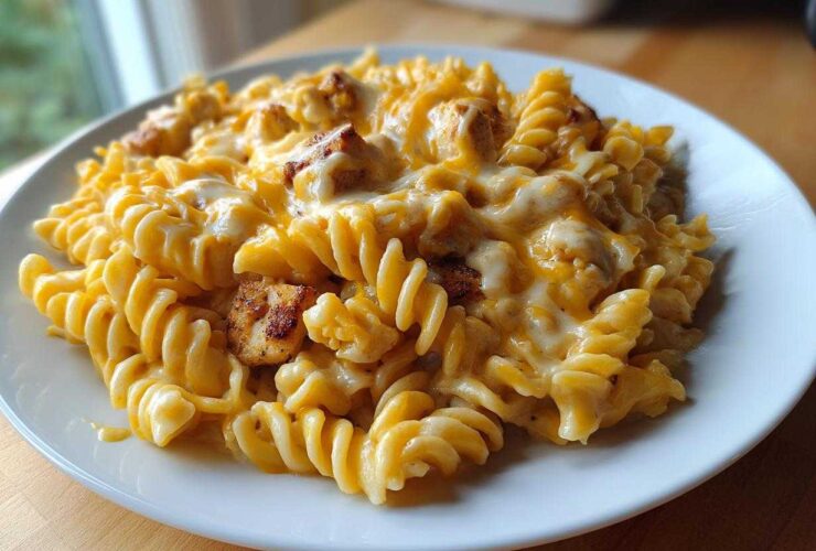 A close-up of cheesy chicken pasta made with fusilli noodles and topped with melted cheese.