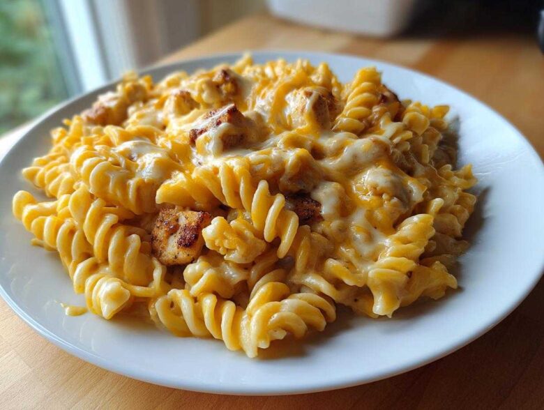 A close-up of cheesy chicken pasta made with fusilli noodles and topped with melted cheese.