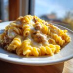 Close-up of cheesy chicken pasta made with rotini or fusilli pasta, covered in a creamy, melted cheese sauce.