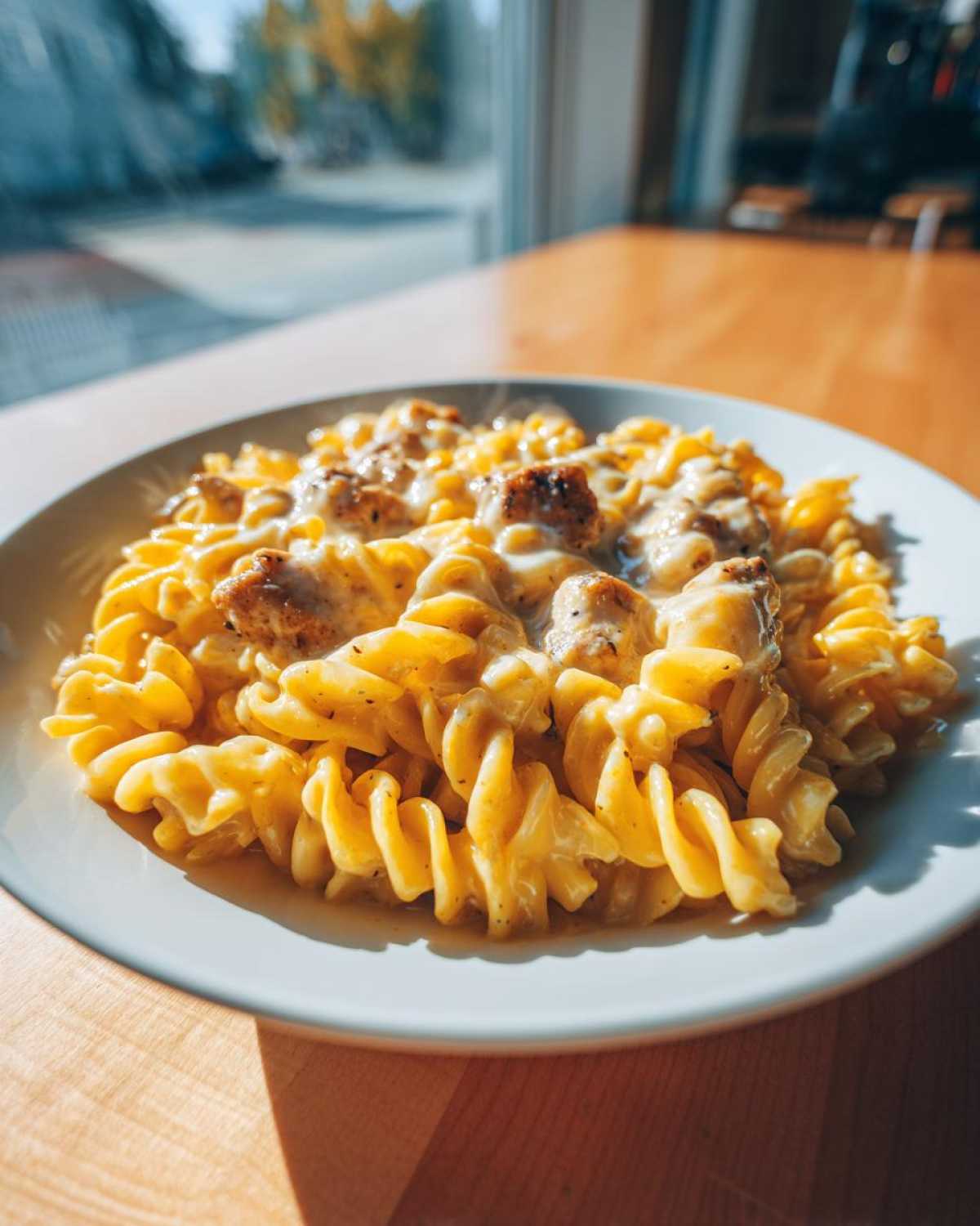 A close-up of a white plate holding hot, creamy cheesy chicken pasta made with fusilli noodles.