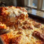 A serving of hot lazy lasagna being lifted from the pan, showing long, dramatic cheese pulls.