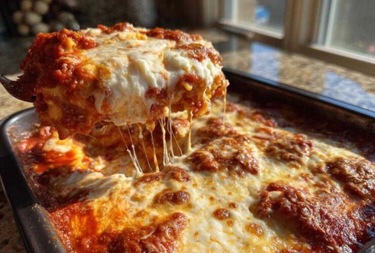 A serving of hot lazy lasagna being lifted from the pan, showing long, dramatic cheese pulls.