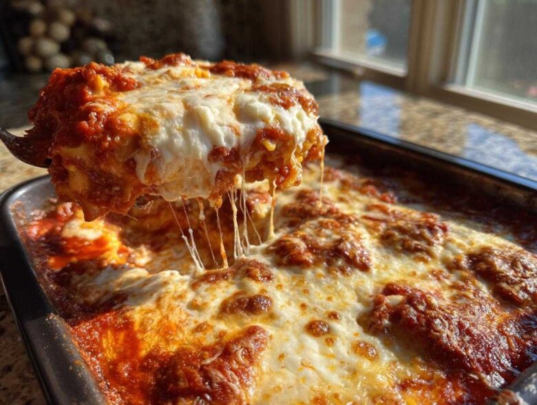 A serving of hot lazy lasagna being lifted from the pan, showing long, dramatic cheese pulls.