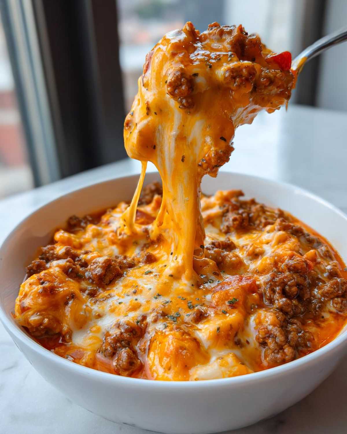 A spoonful of cheesy, meaty rotel dip showing extreme cheese pull over a white bowl.