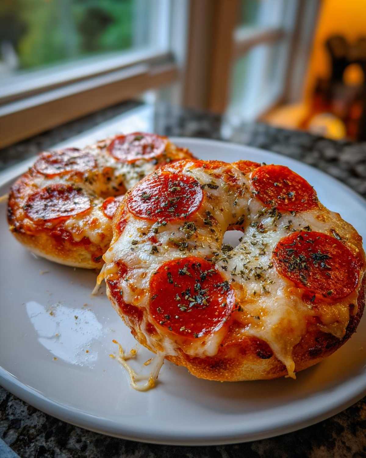 Two freshly baked pepperoni pizza bagels topped with melted cheese and herbs sitting on a white plate.
