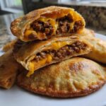 Close-up of cheesy pocket tacos cut open showing seasoned ground beef and melted cheddar cheese filling.