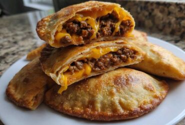 Close-up of cheesy pocket tacos cut open showing seasoned ground beef and melted cheddar cheese filling.