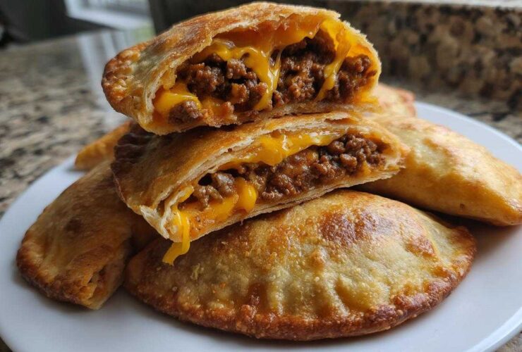 Close-up of cheesy pocket tacos cut open showing seasoned ground beef and melted cheddar cheese filling.