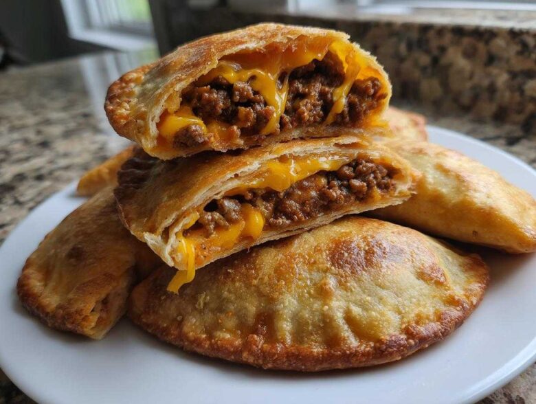 Close-up of cheesy pocket tacos cut open showing seasoned ground beef and melted cheddar cheese filling.