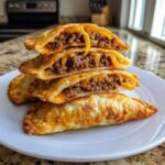 A stack of golden-brown cheesy pocket tacos cut in half, showing a savory ground beef and melted cheddar filling.