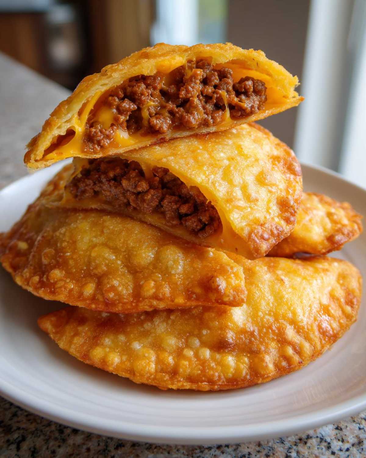 A stack of golden, deep-fried cheesy pocket tacos, with the top one cut open revealing seasoned ground beef and melted cheese.
