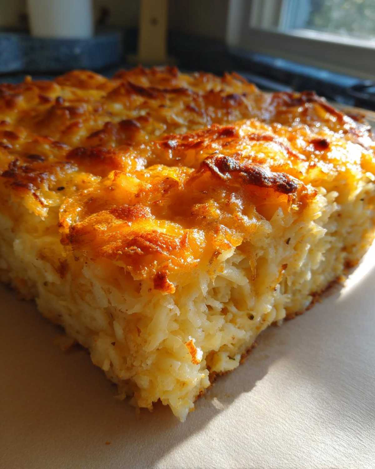 A close-up of a baked, golden-brown slice of cheesy potato casserole showing shredded potatoes.