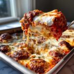 A spoonful of cheesy lazy lasagna, showing extreme cheese pull, lifted from a baking dish.