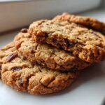 A stack of three golden brown butter pecan cookies, one broken open to show the chewy interior.