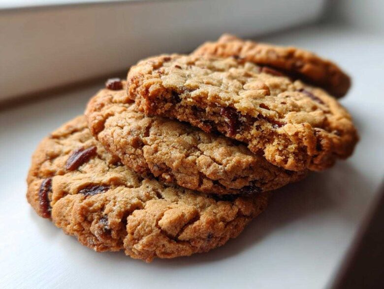 A stack of three golden brown butter pecan cookies, one broken open to show the chewy interior.