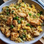 Close-up of a bowl filled with savory chicken cauliflower fried rice, mixed with scrambled egg and topped with fresh green onions.