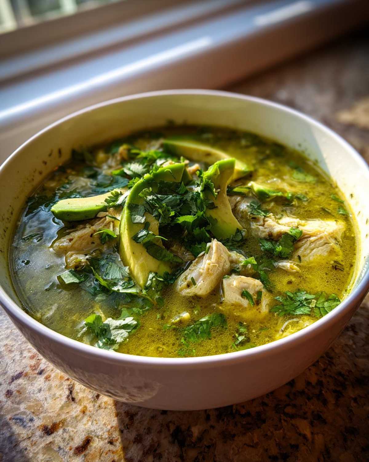 A close-up of a white bowl filled with bright green chicken poblano soup, topped with avocado slices and fresh cilantro.