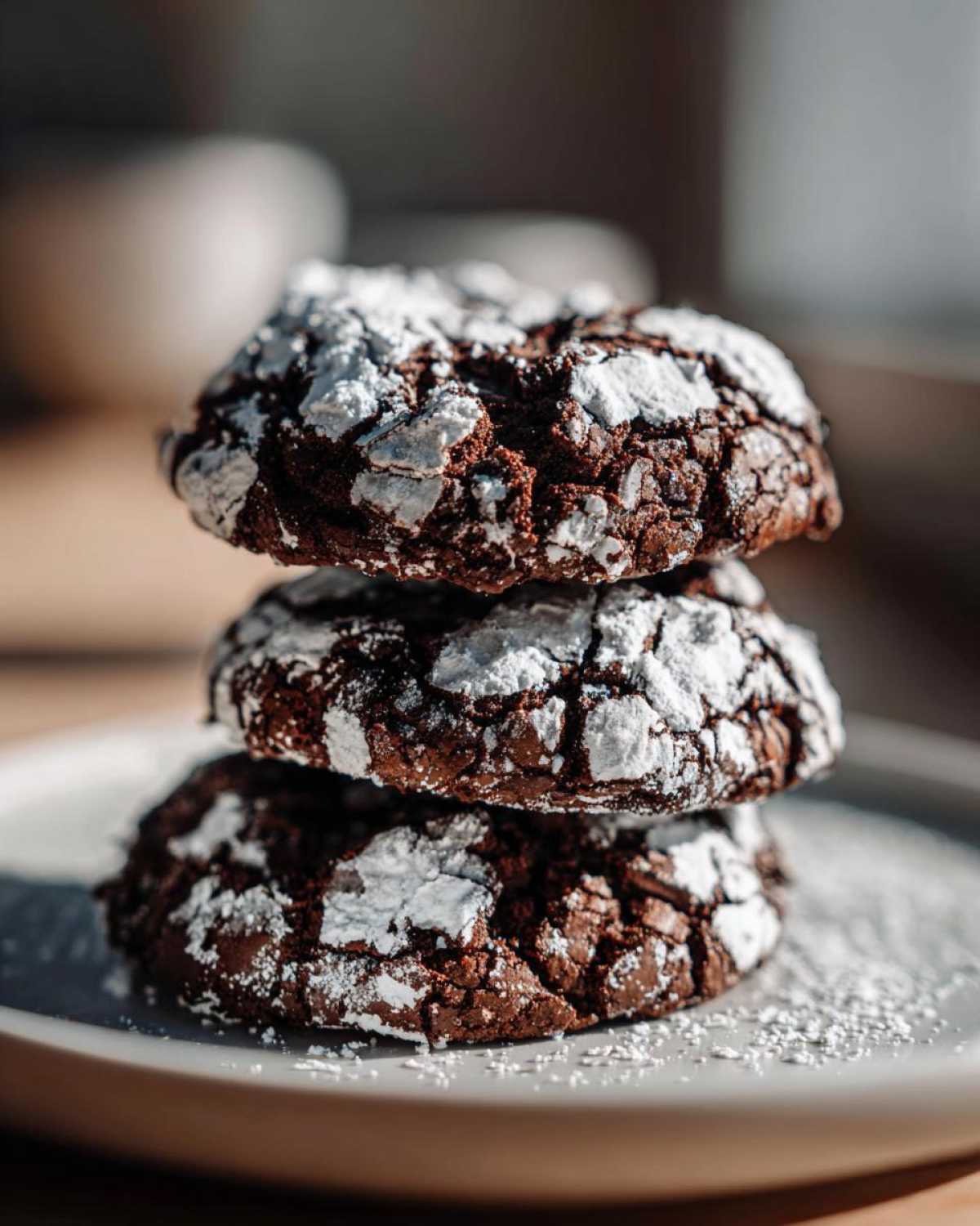 A stack of three rich, dark chocolate crinkle cookies heavily dusted with white powdered sugar.