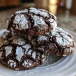 Close-up of a stack of rich chocolate crinkle cookies heavily dusted with white powdered sugar, sitting on a white plate.