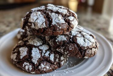 Close-up of a stack of rich chocolate crinkle cookies heavily dusted with white powdered sugar, sitting on a white plate.