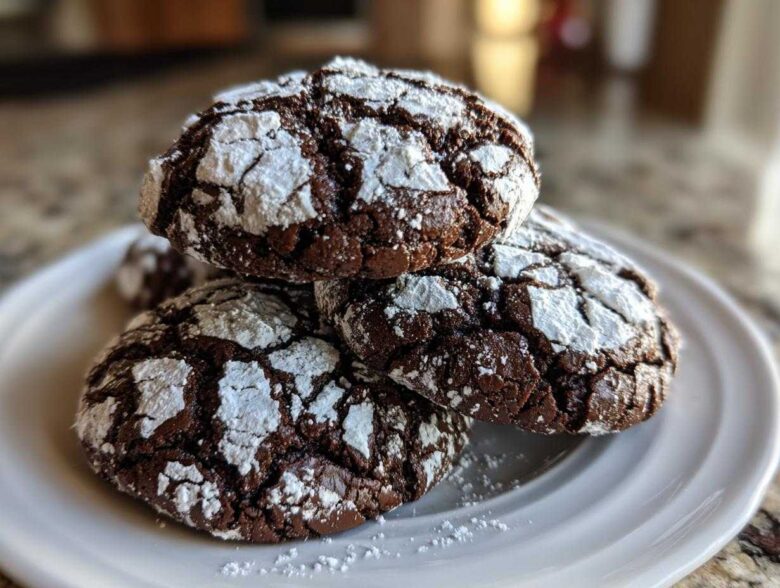 Close-up of a stack of rich chocolate crinkle cookies heavily dusted with white powdered sugar, sitting on a white plate.