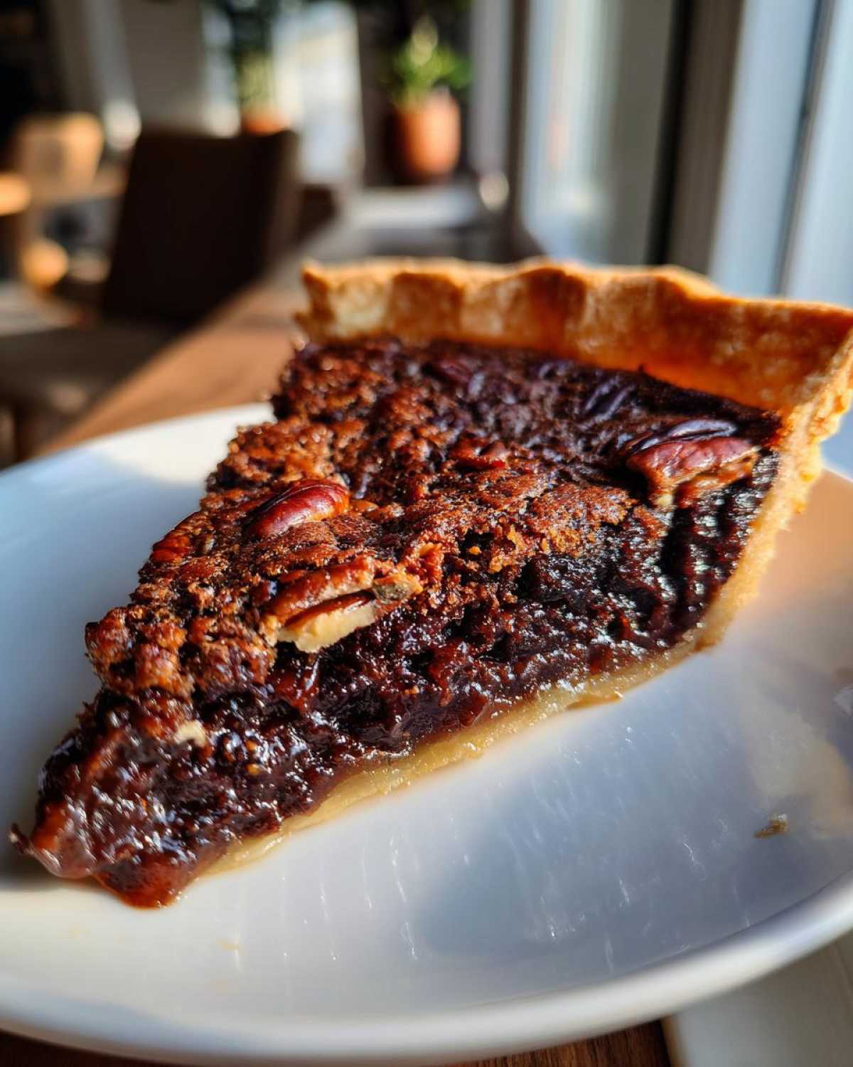 Close-up of a decadent slice of chocolate pecan pie showing the gooey filling and crust.
